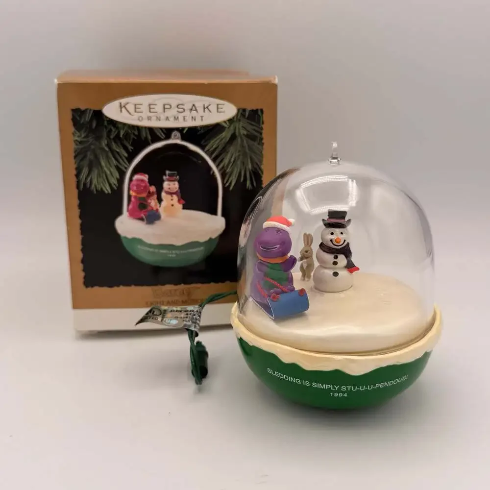 1994 Hallmark Keepsake Barney Light and Motion Sledding Christmas Ornament
